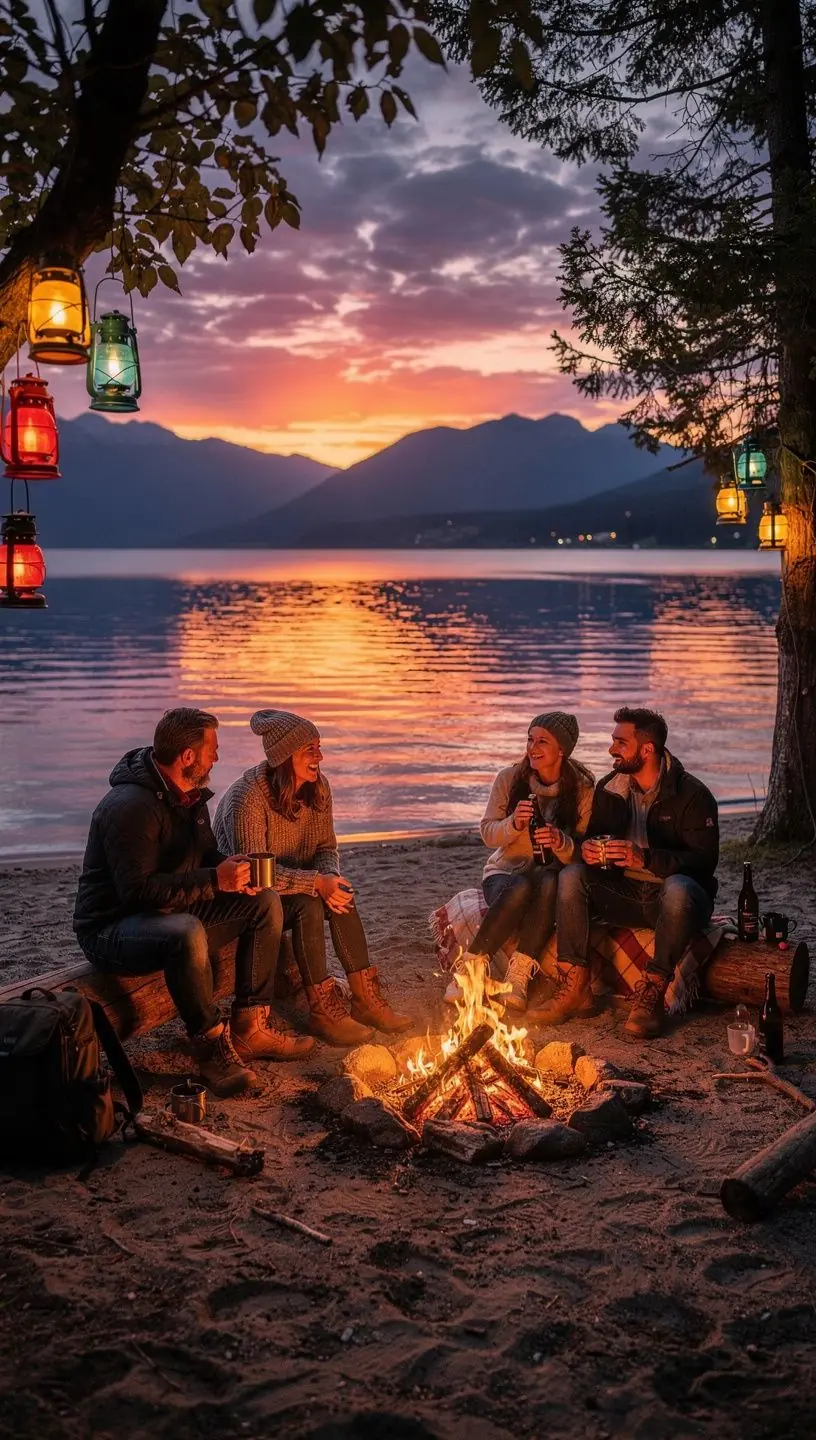 A group of friends setting up a picnic by the water's edge at Orava reservoir.