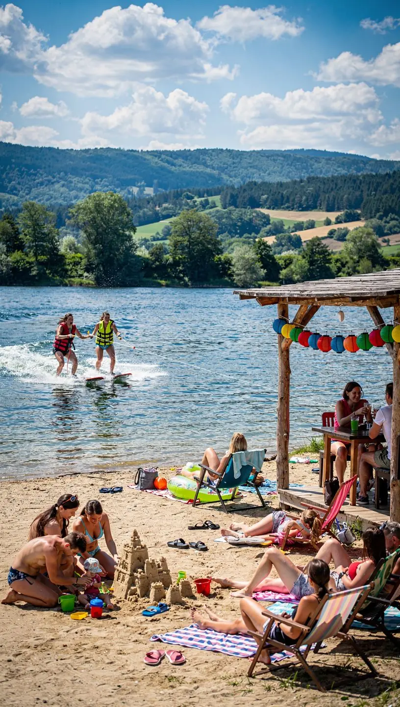 Children playing and splashing in the shallow waters of Liptovská Mara beach.